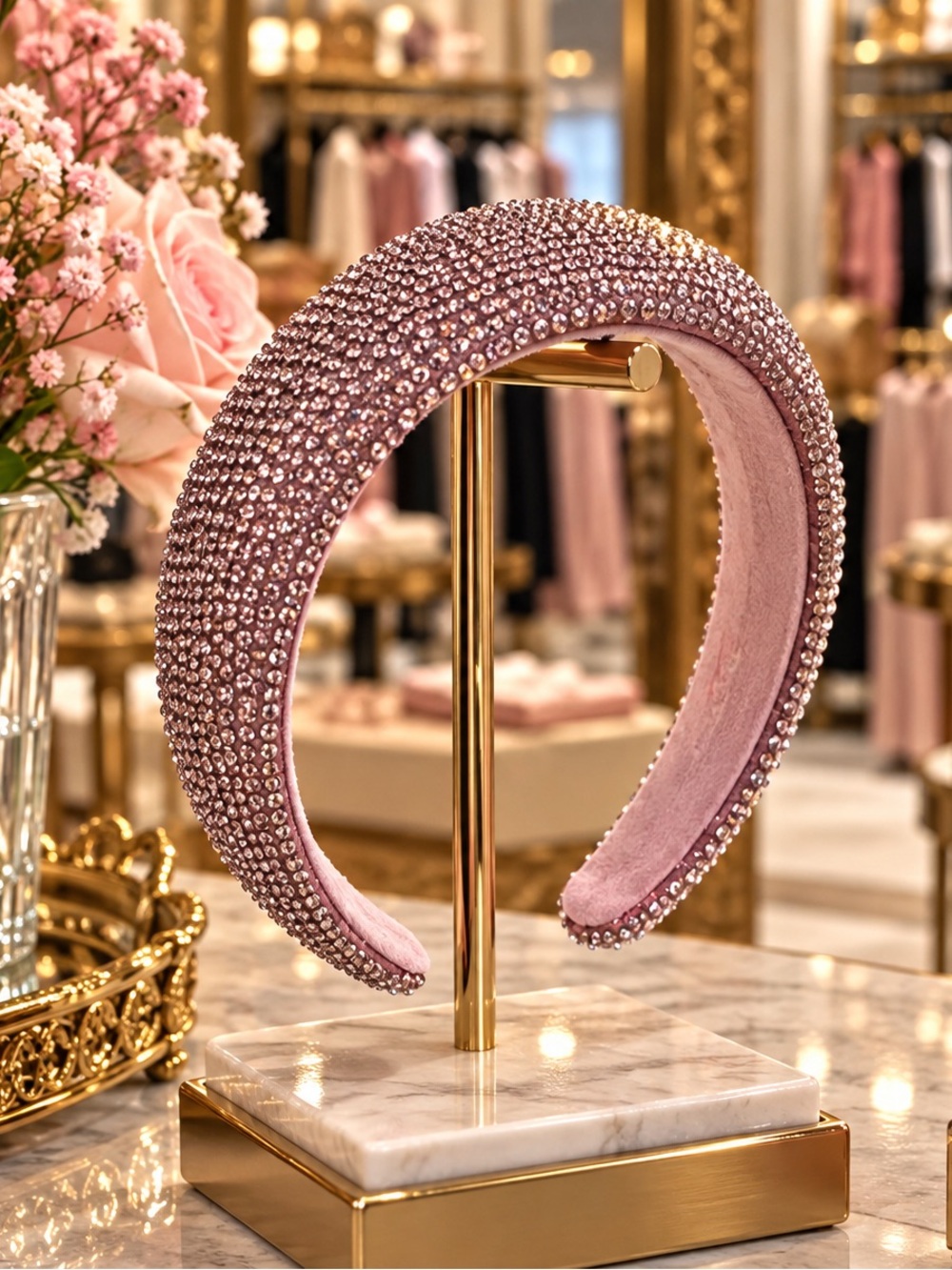 Crystal-Embellished Pink Padded Headband NWT